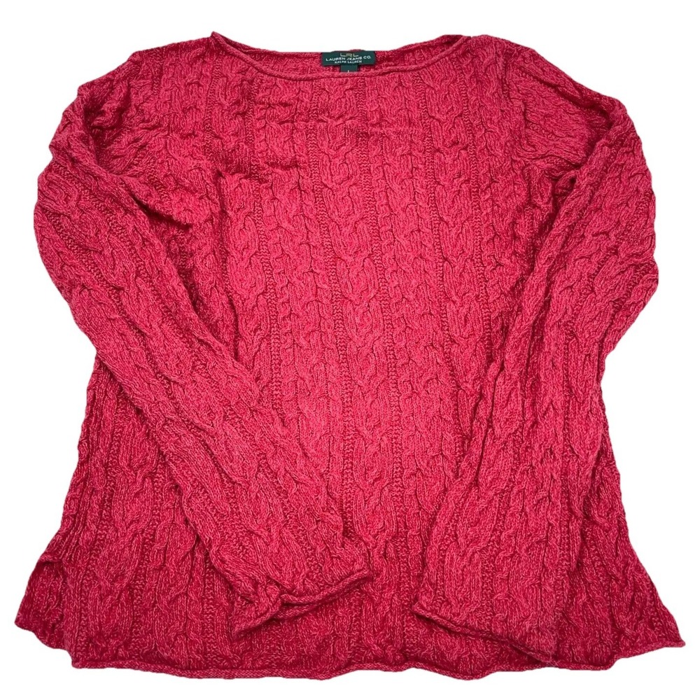 Lauren Ralph Lauren Sweater Women Large Pink Chunky Cable Knit LRL Round Neck